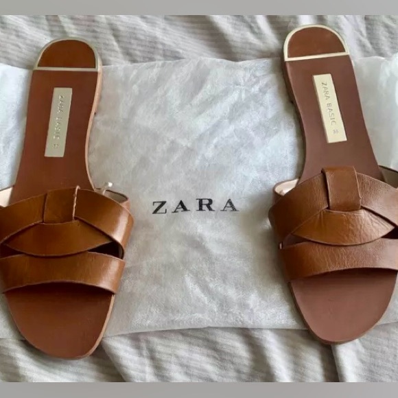 Zara size 40 brown cognac chestnut faux leather slides sandals - Picture 6 of 9